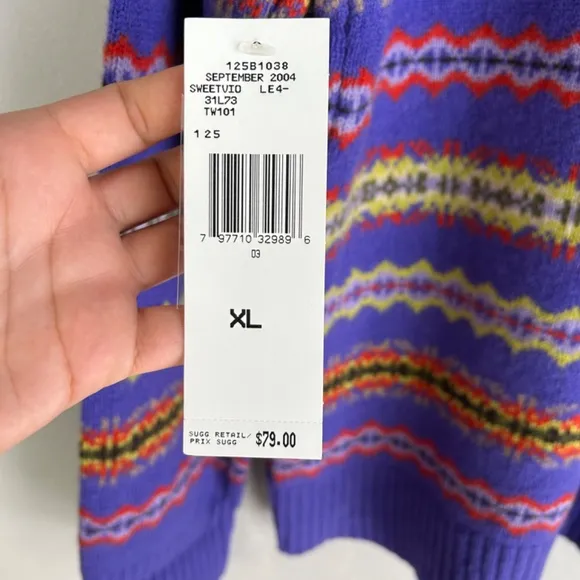 Jones New York women size XL v-neck sweater 100% lambswool purple fair isle NEW