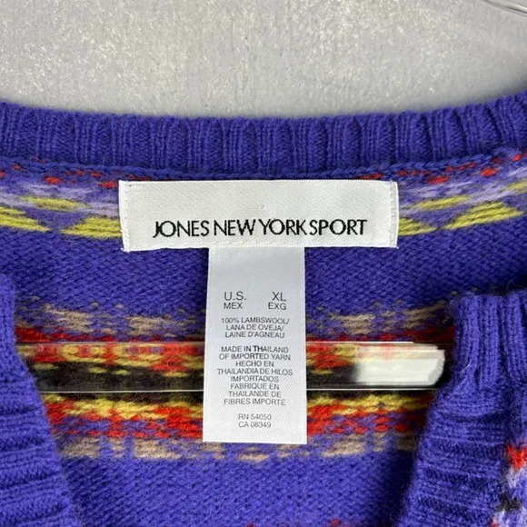 Jones New York women size XL v-neck sweater 100% lambswool purple fair isle NEW