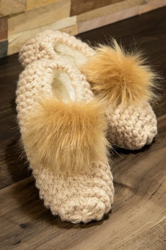 Knitted Slippers with Pom Pom