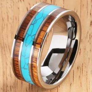 Koa Wood Turquoise Wedding Ring Flat Mens Ring 10mm Flat Shape Hawaiian Ring