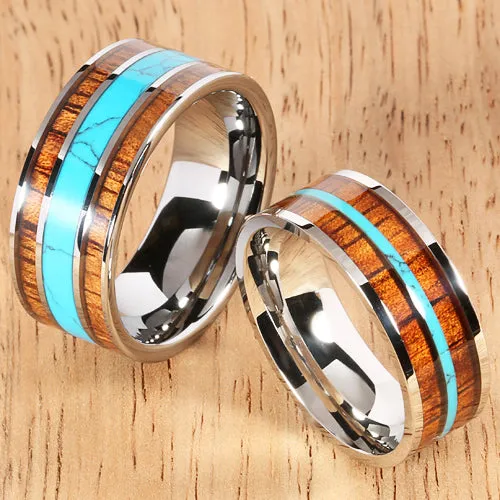 Koa Wood Turquoise Wedding Ring Flat Mens Ring 10mm Flat Shape Hawaiian Ring