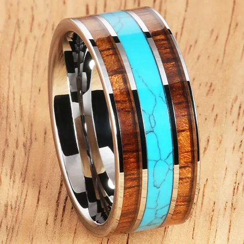 Koa Wood Turquoise Wedding Ring Flat Mens Ring 10mm Flat Shape Hawaiian Ring