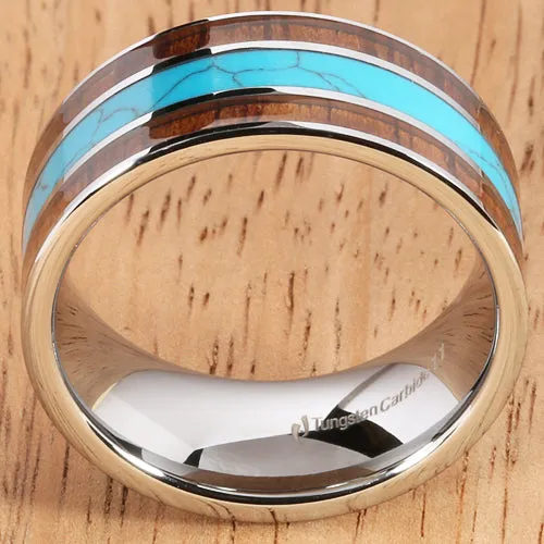 Koa Wood Turquoise Wedding Ring Flat Mens Ring 10mm Flat Shape Hawaiian Ring