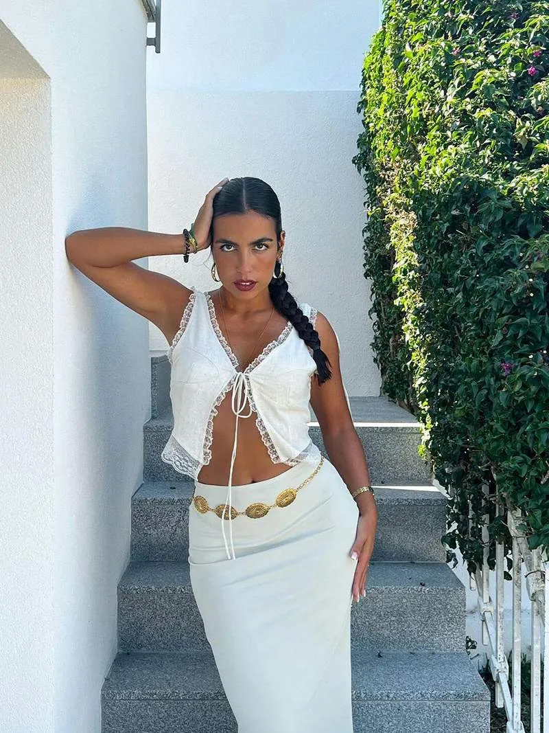 Lace-Trim Tie-Front Top