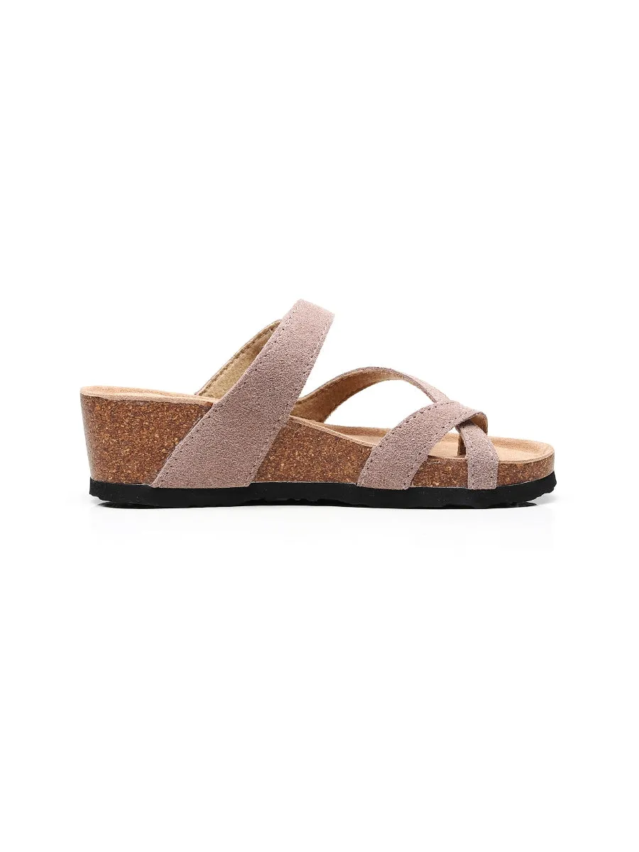 Latte Criss Cross Toe Suede Upper Wedge Sandal