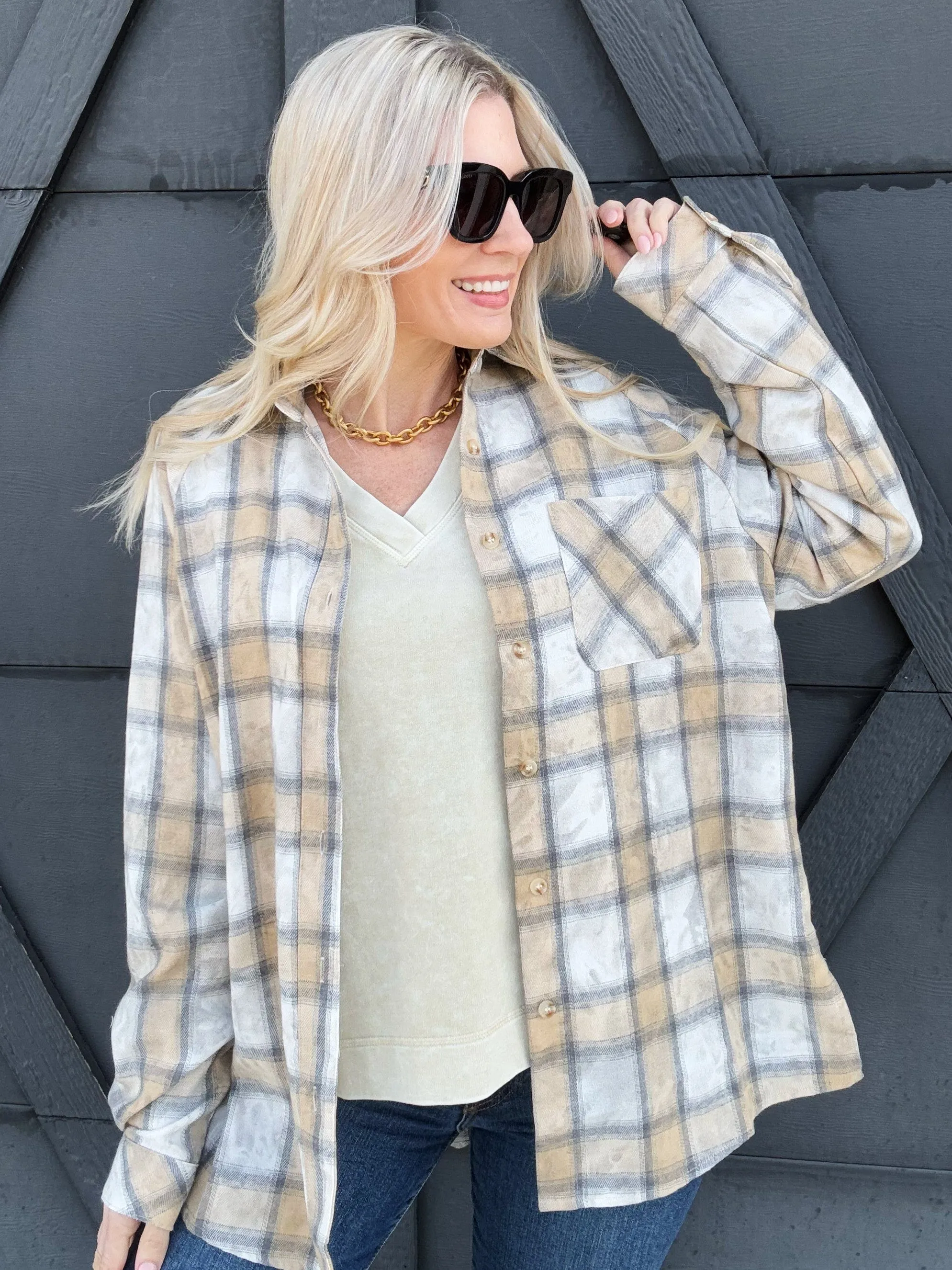 Laura Acid Wash Flannel Shirt In Oat