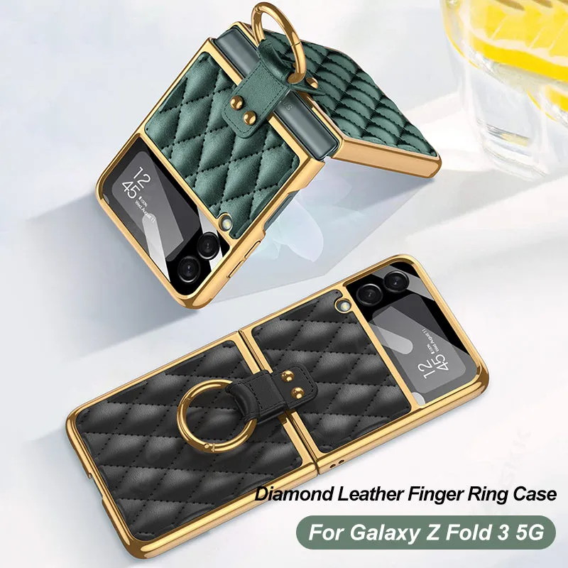 Leather Plating Back Screen Glass Case Cover For Samsung Galaxy Z Flip 3 5G Ring Stand Hard Cover For Galaxy Z Flip3 5G Case