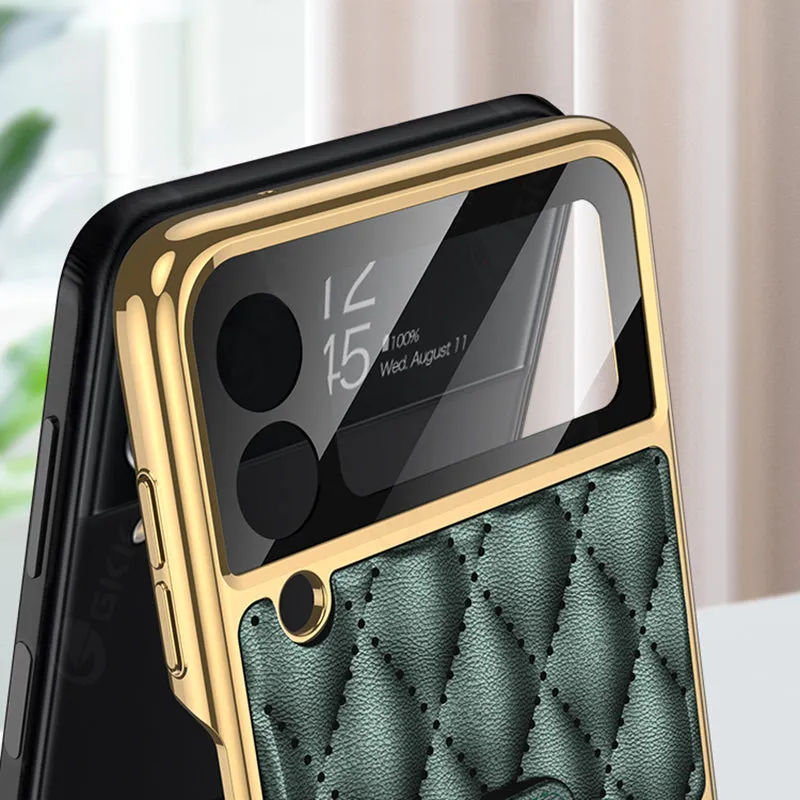 Leather Plating Back Screen Glass Case Cover For Samsung Galaxy Z Flip 3 5G Ring Stand Hard Cover For Galaxy Z Flip3 5G Case