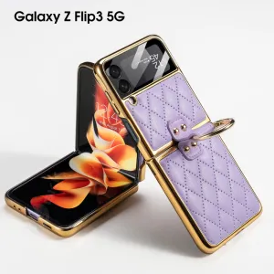 Leather Plating Back Screen Glass Case Cover For Samsung Galaxy Z Flip 3 5G Ring Stand Hard Cover For Galaxy Z Flip3 5G Case