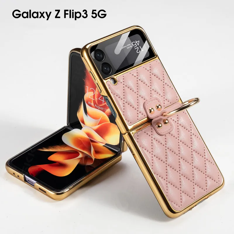 Leather Plating Back Screen Glass Case Cover For Samsung Galaxy Z Flip 3 5G Ring Stand Hard Cover For Galaxy Z Flip3 5G Case