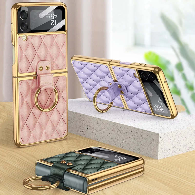 Leather Plating Back Screen Glass Case Cover For Samsung Galaxy Z Flip 3 5G Ring Stand Hard Cover For Galaxy Z Flip3 5G Case