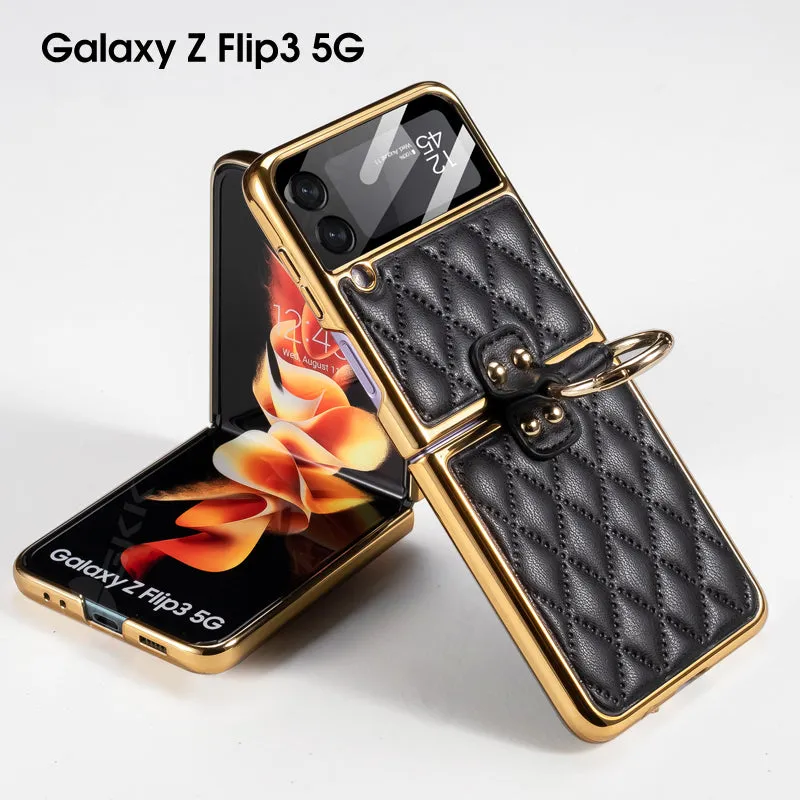 Leather Plating Back Screen Glass Case Cover For Samsung Galaxy Z Flip 3 5G Ring Stand Hard Cover For Galaxy Z Flip3 5G Case