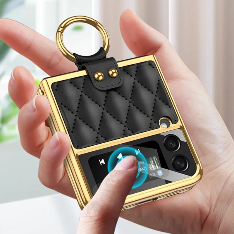 Leather Plating Back Screen Glass Case Cover For Samsung Galaxy Z Flip 3 5G Ring Stand Hard Cover For Galaxy Z Flip3 5G Case