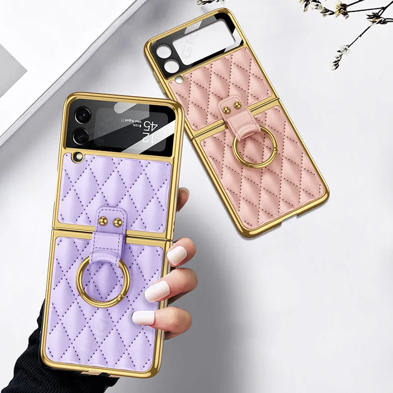 Leather Plating Back Screen Glass Case Cover For Samsung Galaxy Z Flip 3 5G Ring Stand Hard Cover For Galaxy Z Flip3 5G Case