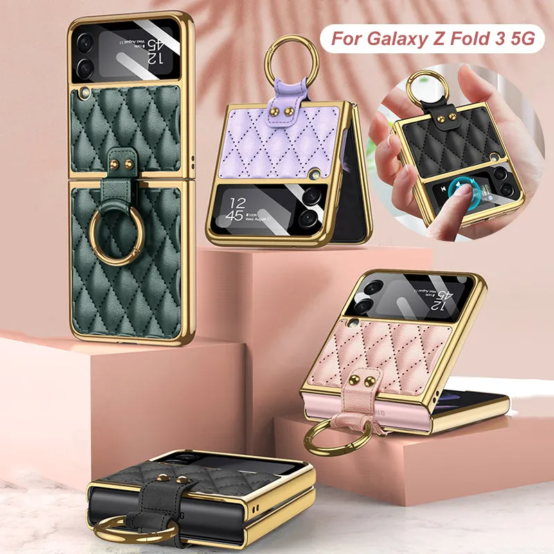 Leather Plating Back Screen Glass Case Cover For Samsung Galaxy Z Flip 3 5G Ring Stand Hard Cover For Galaxy Z Flip3 5G Case