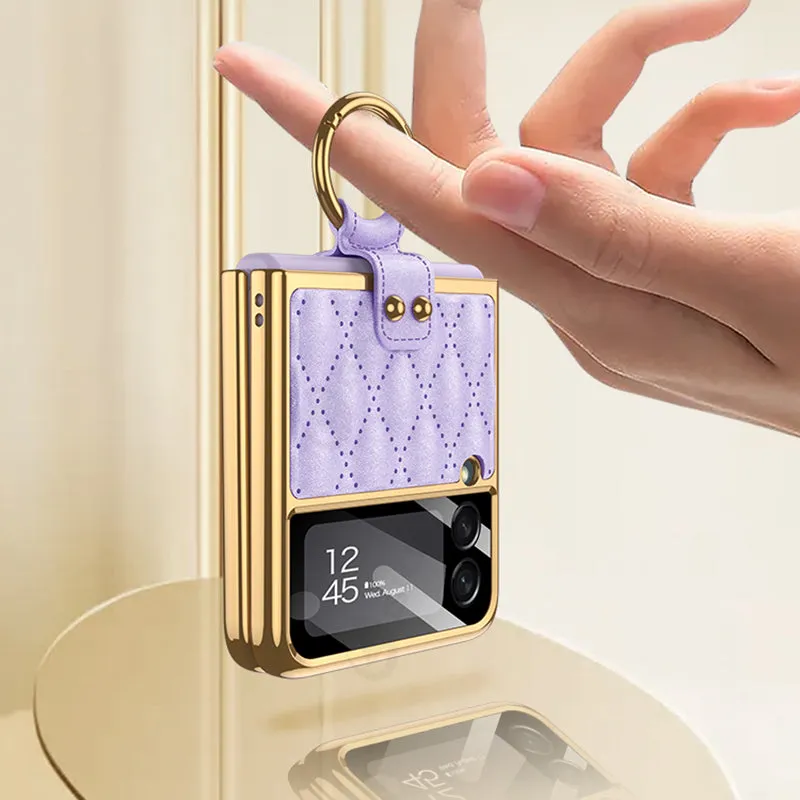 Leather Plating Back Screen Glass Case Cover For Samsung Galaxy Z Flip 3 5G Ring Stand Hard Cover For Galaxy Z Flip3 5G Case