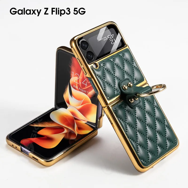 Leather Plating Back Screen Glass Case Cover For Samsung Galaxy Z Flip 3 5G Ring Stand Hard Cover For Galaxy Z Flip3 5G Case