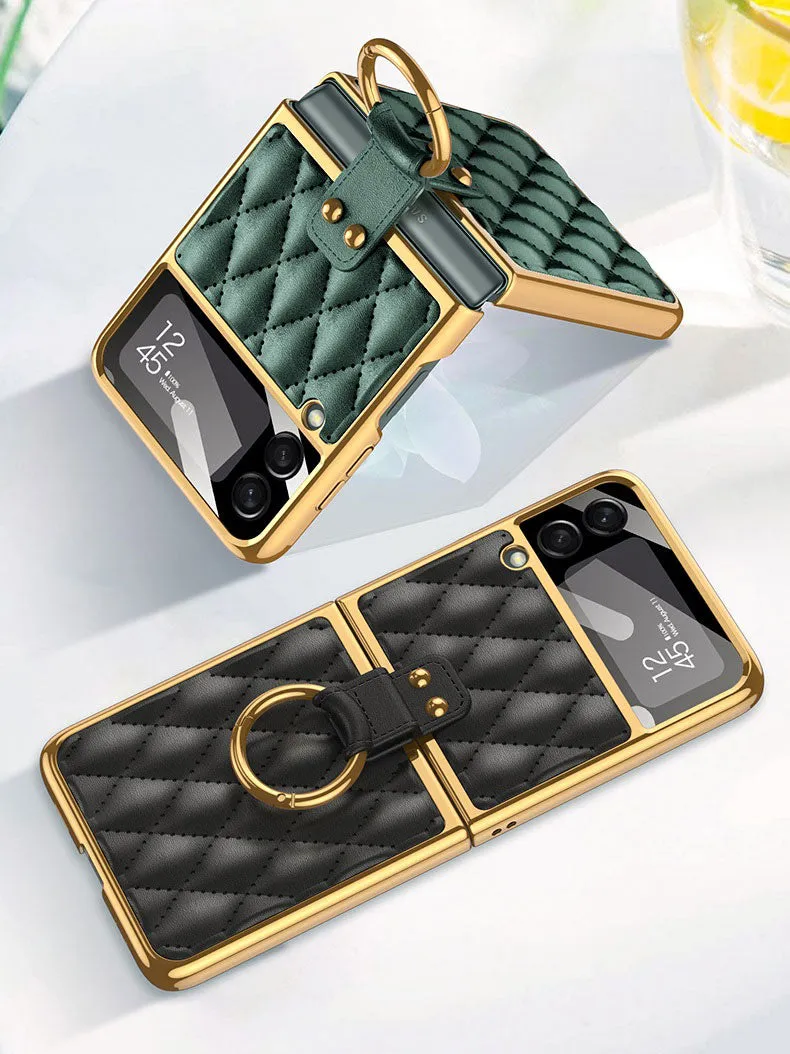 Leather Plating Back Screen Glass Case Cover For Samsung Galaxy Z Flip 3 5G Ring Stand Hard Cover For Galaxy Z Flip3 5G Case