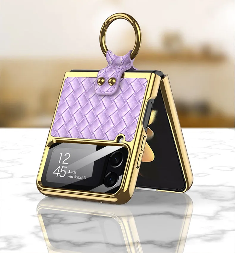 Leather Samsung Galaxy Z Flip4 5G Case With Back Screen Protector And Ring Holder