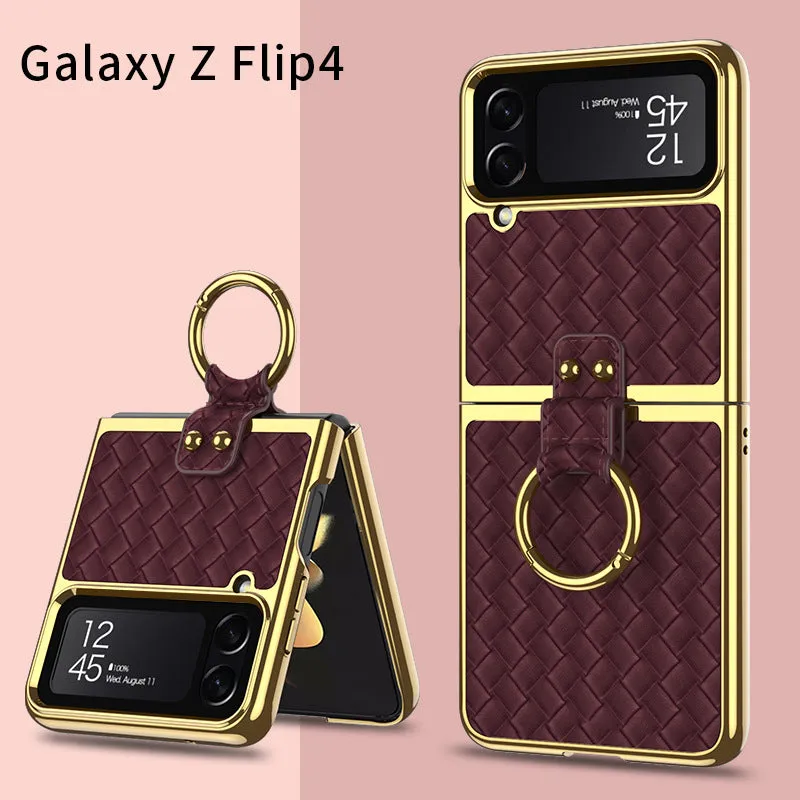 Leather Samsung Galaxy Z Flip4 5G Case With Back Screen Protector And Ring Holder