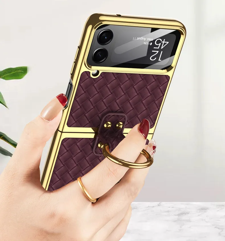 Leather Samsung Galaxy Z Flip4 5G Case With Back Screen Protector And Ring Holder
