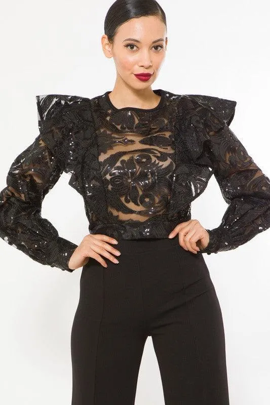 LONG SLEEVE FASHION SEQUINS CROCHET CROP TOP
