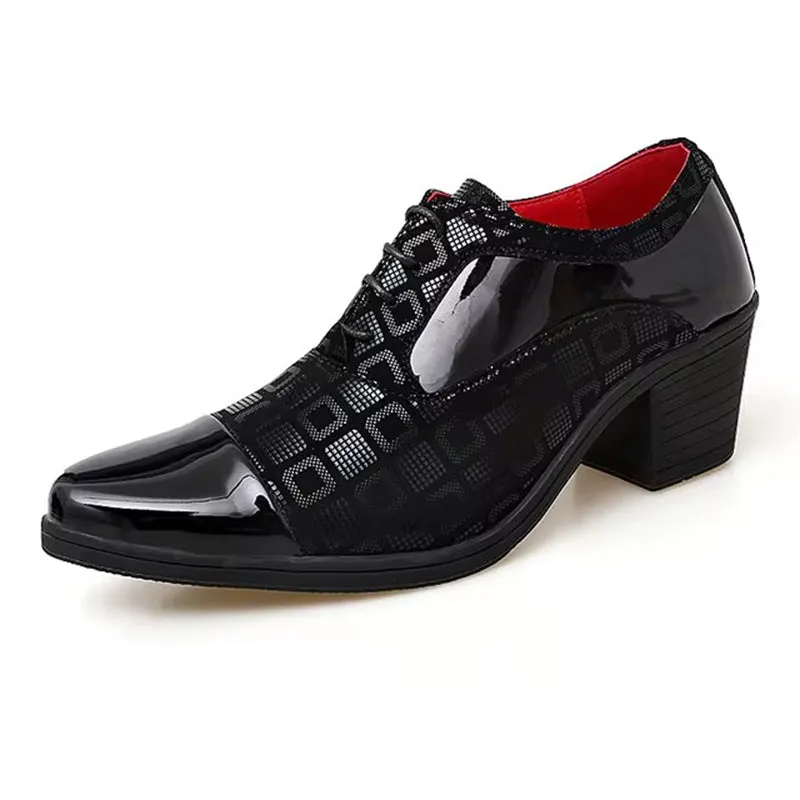 Male Square Check Pattern Mid Cuban Heel Dress Shoes