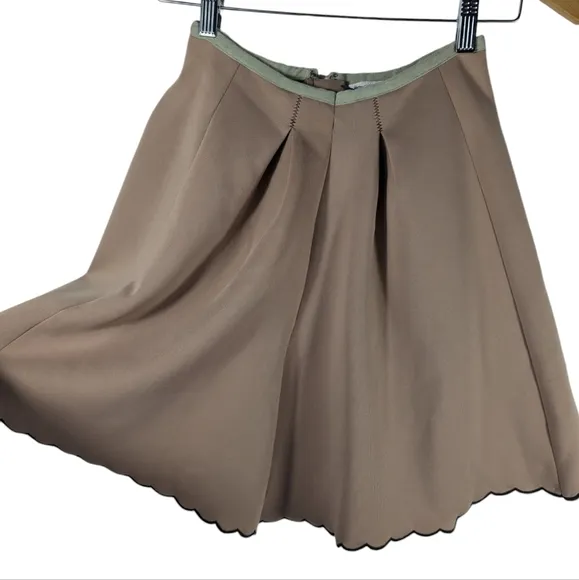 Manoush Neo Jupe Pleated A-Line Tan Black Knee Length Skirt Scalloped Edges 10