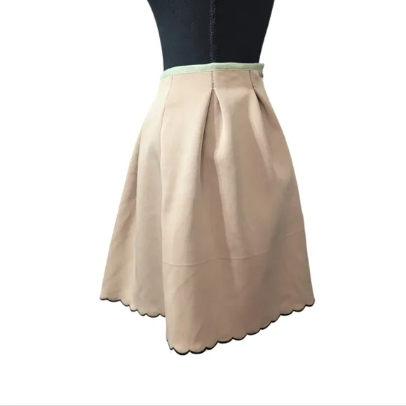 Manoush Neo Jupe Pleated A-Line Tan Black Knee Length Skirt Scalloped Edges 10
