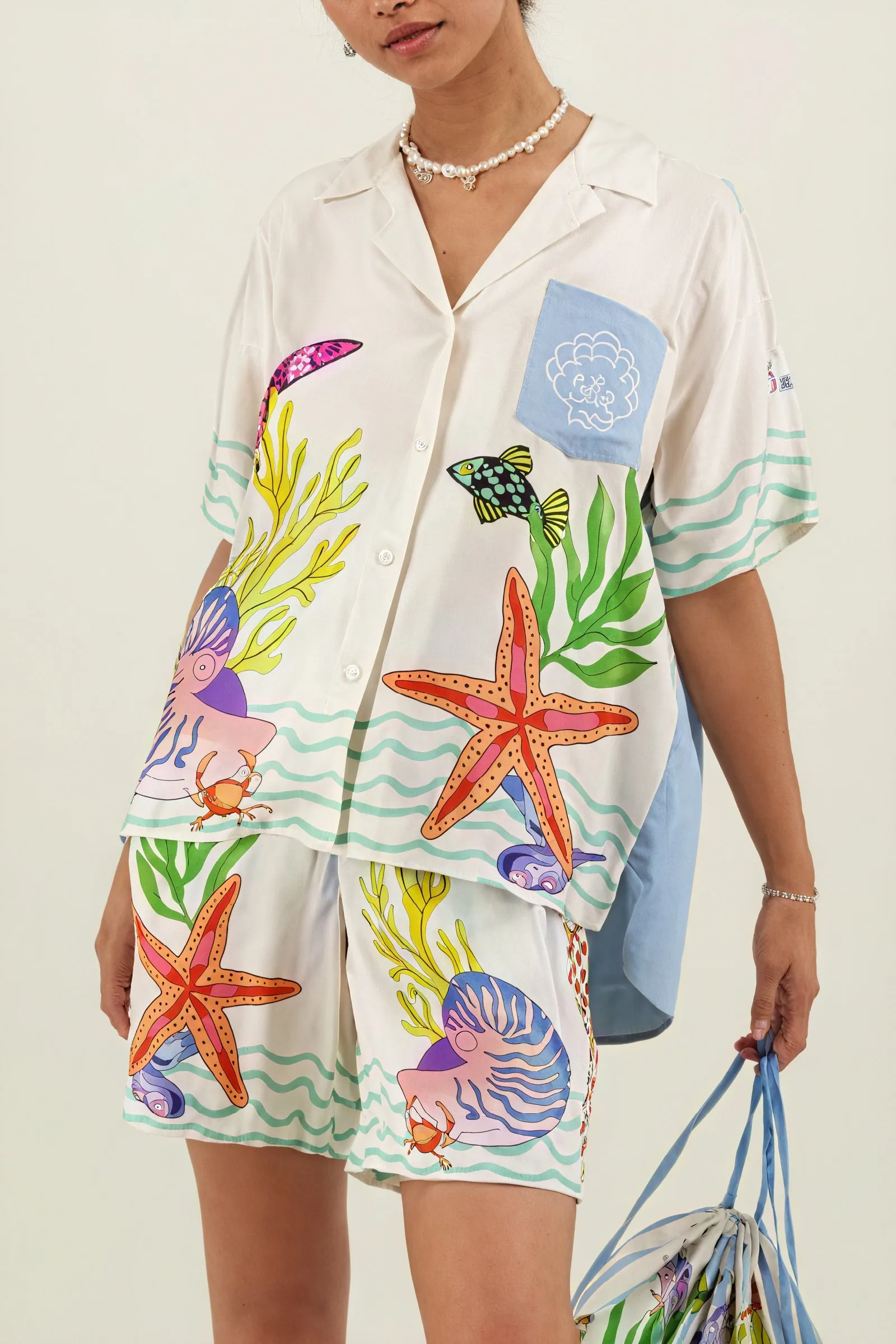 Marine Life Print Button-Down Top