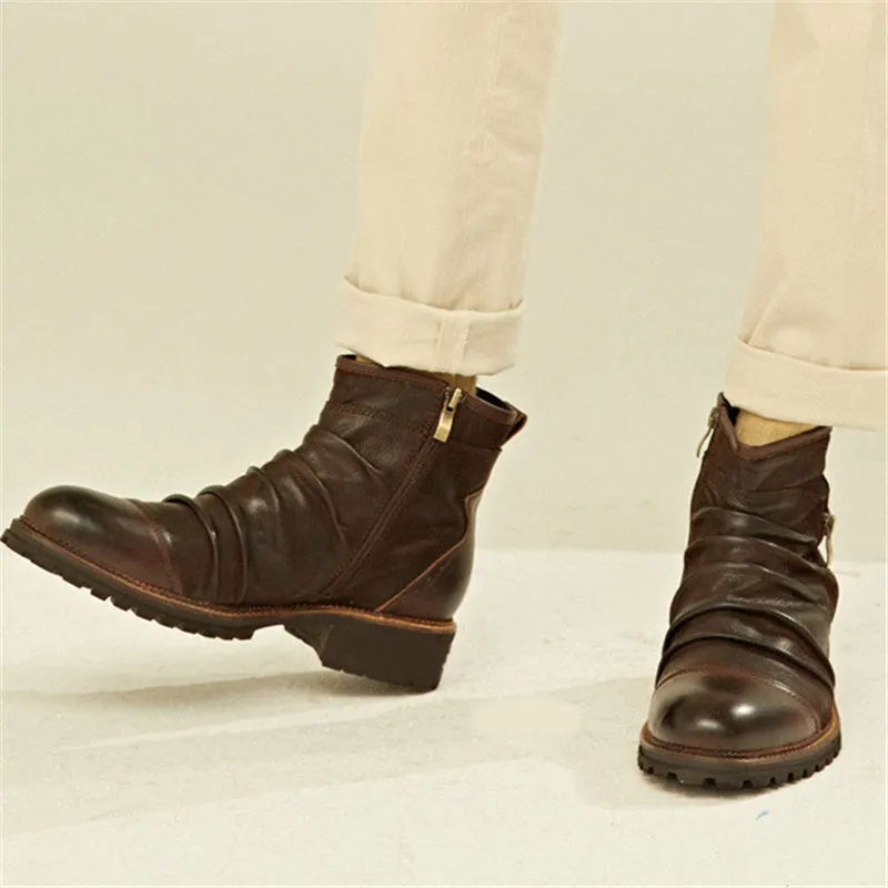 Men Split Leather Drape Design Boots