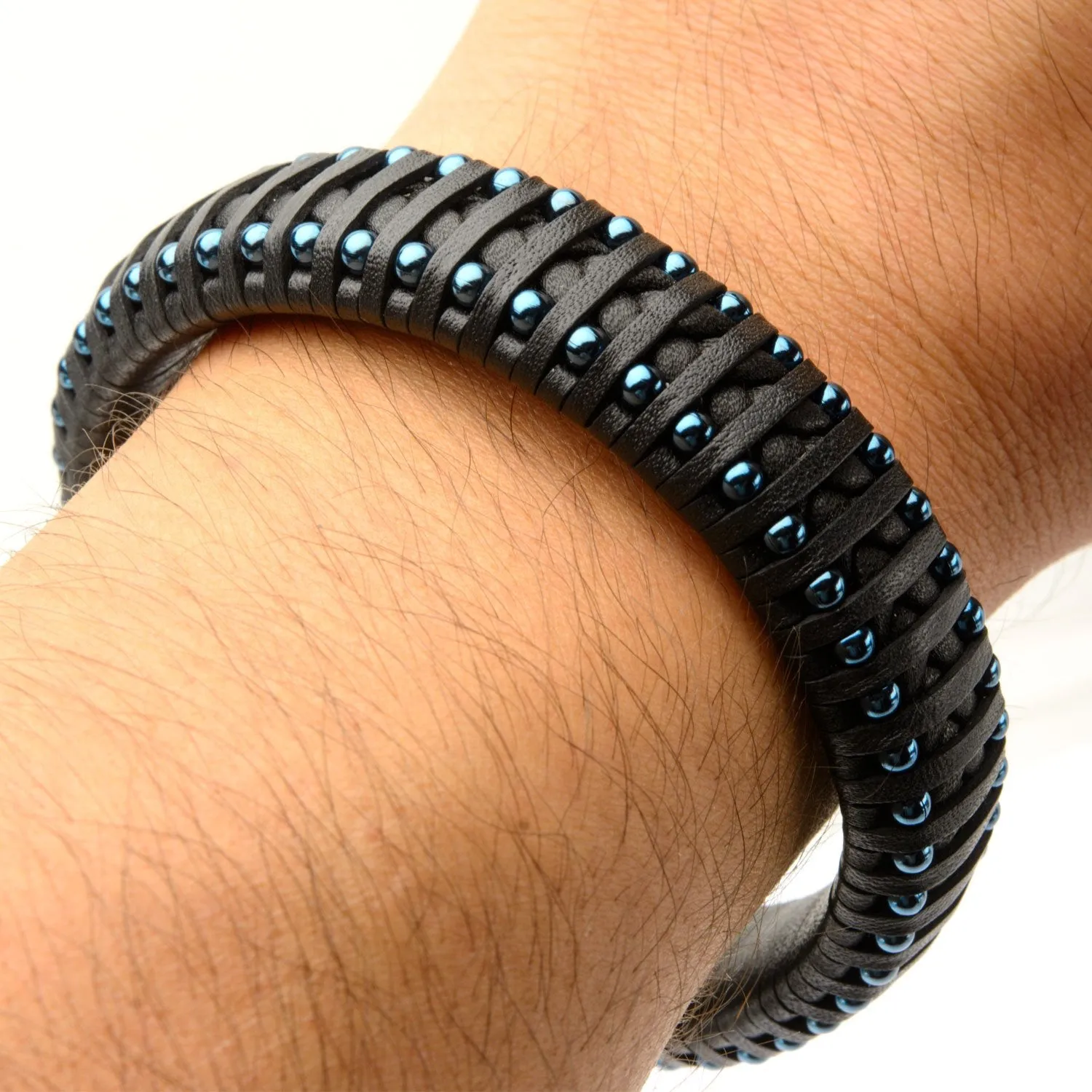 Mens Black Leather Blue IP Steel Ball Edge 6mm Bracelet
