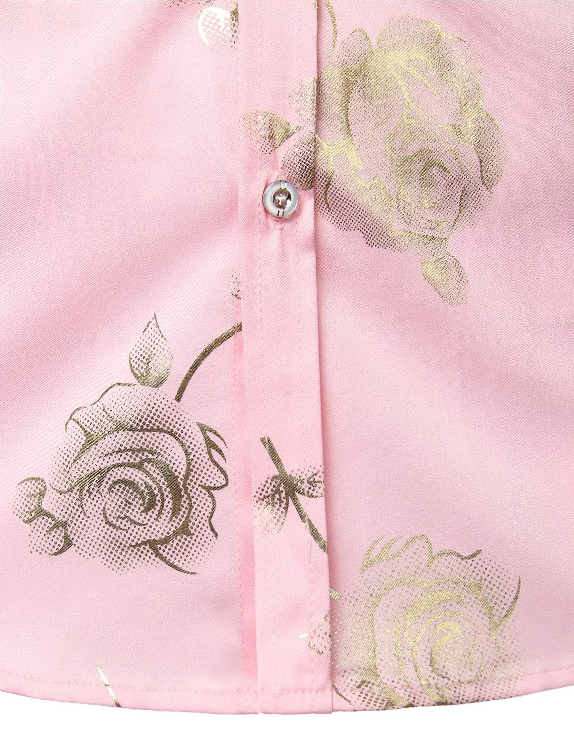 Men's Casual Rose Floral Print Pink Button Up Long Sleeve Dress Shirt