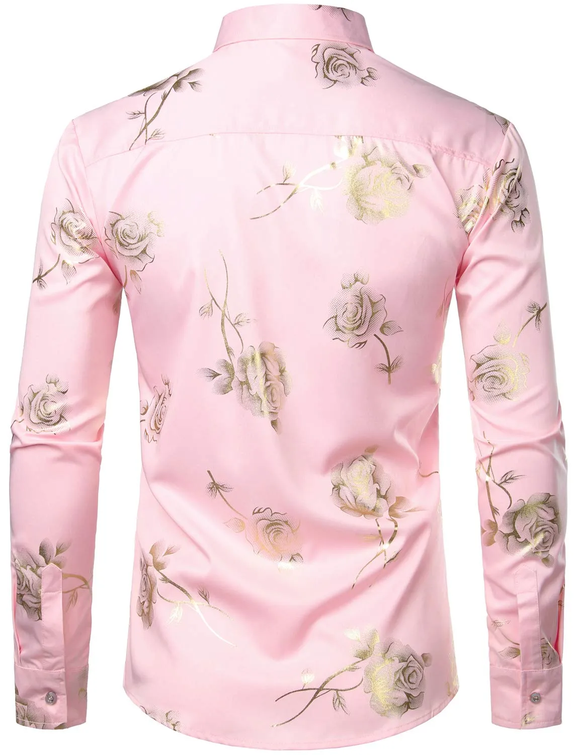 Men's Casual Rose Floral Print Pink Button Up Long Sleeve Dress Shirt
