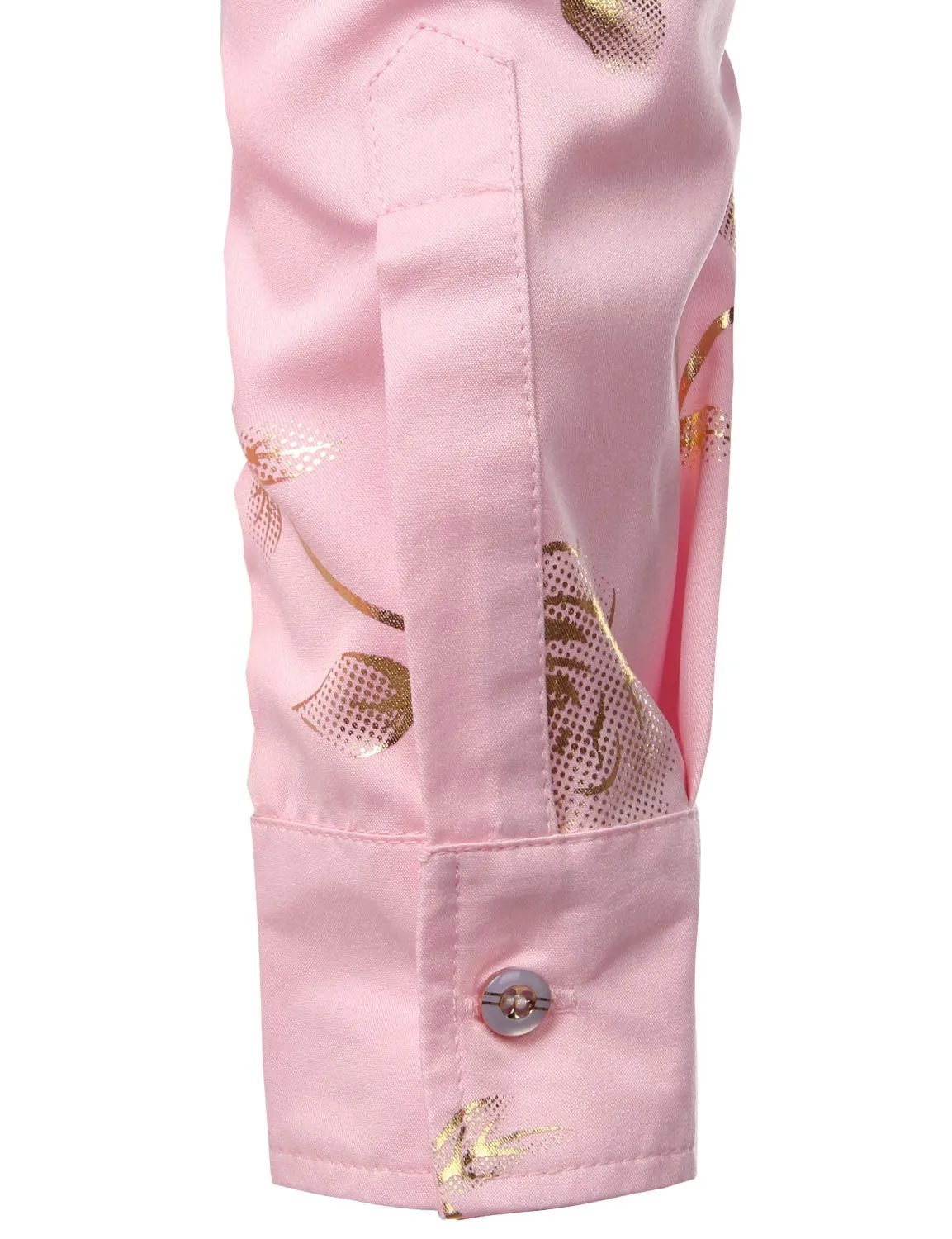 Men's Casual Rose Floral Print Pink Button Up Long Sleeve Dress Shirt