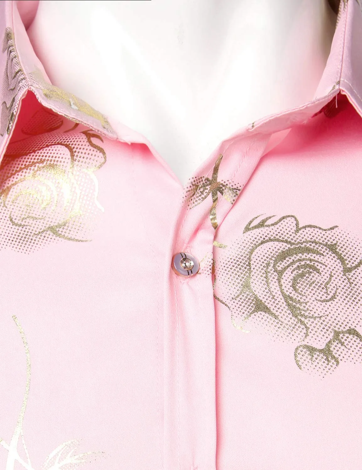 Men's Casual Rose Floral Print Pink Button Up Long Sleeve Dress Shirt
