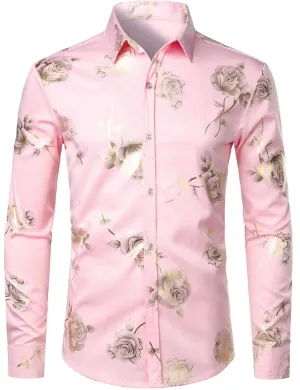 Men's Casual Rose Floral Print Pink Button Up Long Sleeve Dress Shirt