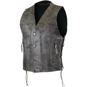 Men's Distressed Grey Gambler Patch holder Leather Vest with single panel back