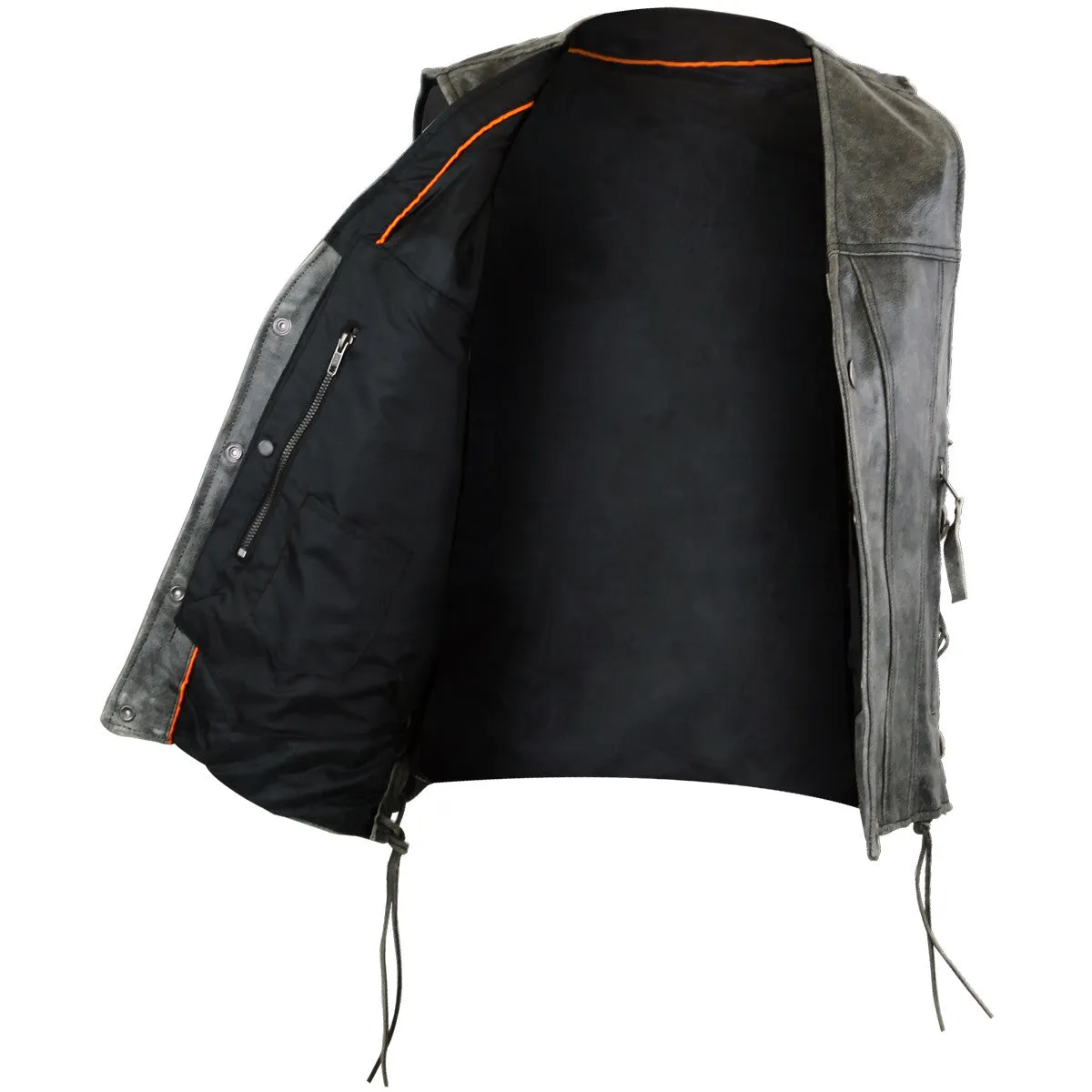 Men's Distressed Grey Gambler Patch holder Leather Vest with single panel back