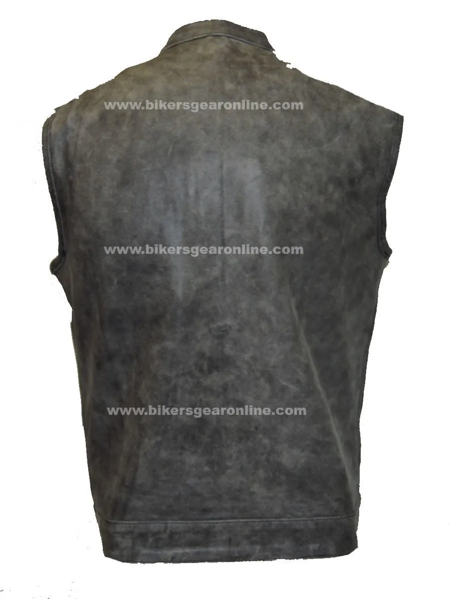 Men's Distressed Grey Son of Anarcy Patch holder Leather Vest Premium Soft Leather