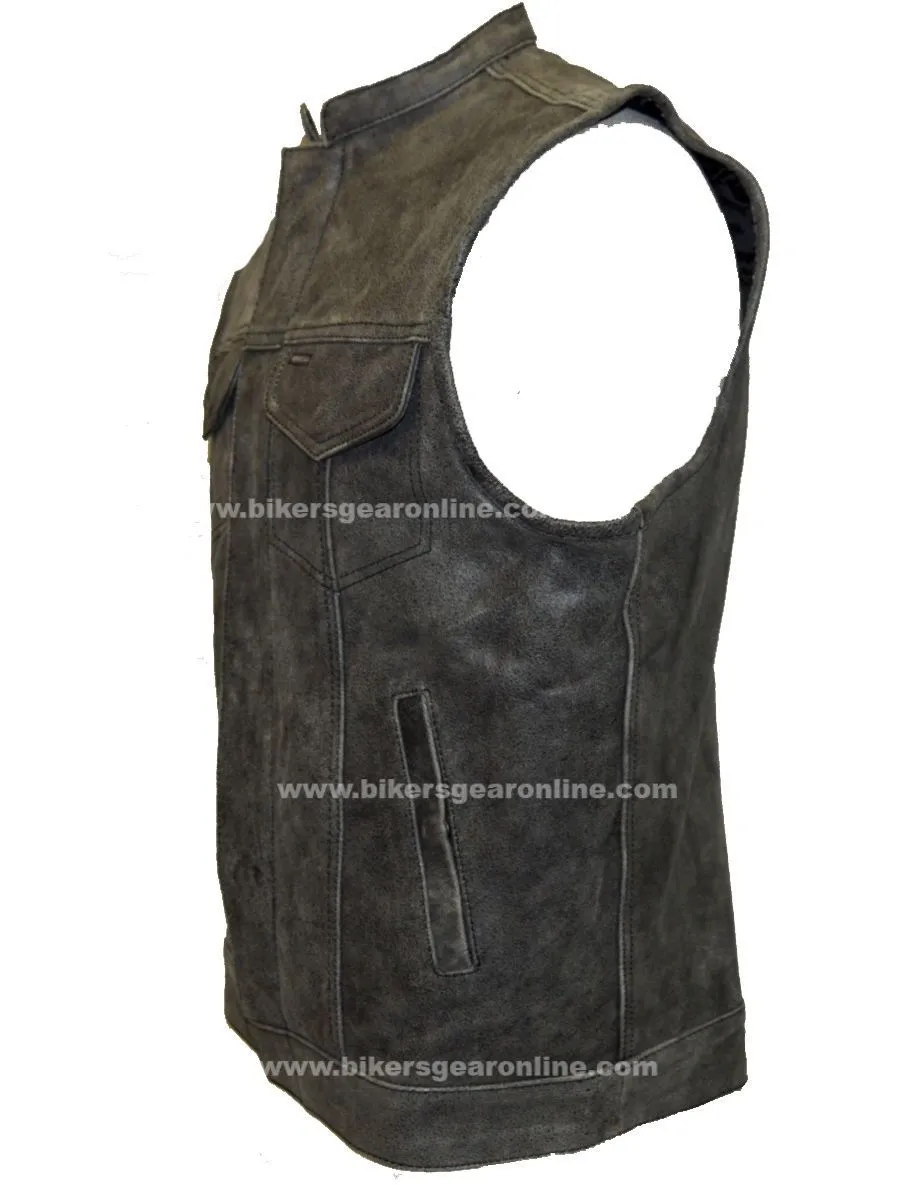 Men's Distressed Grey Son of Anarcy Patch holder Leather Vest Premium Soft Leather