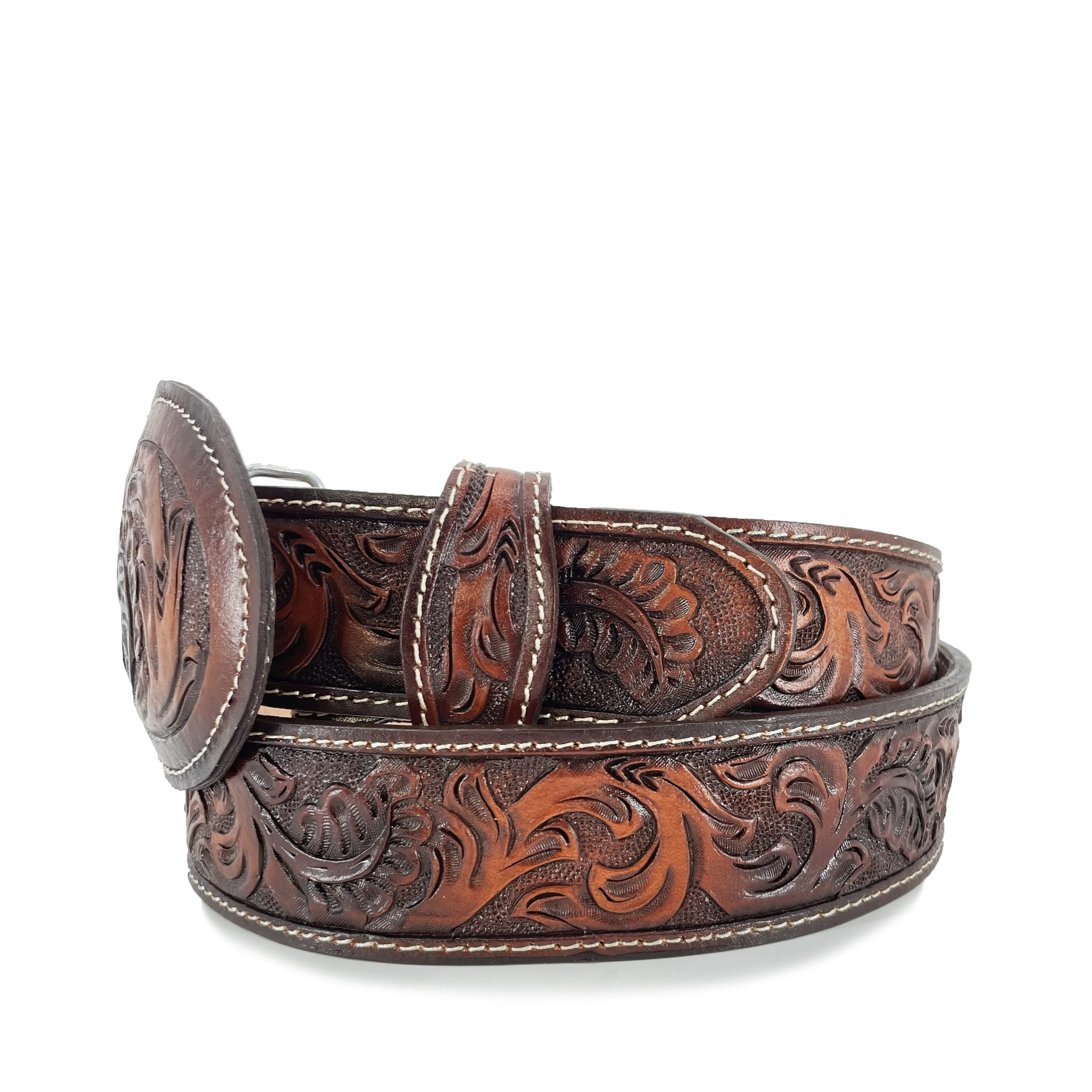 Men's Hand Tooled Belt - Old Leaf Cognac