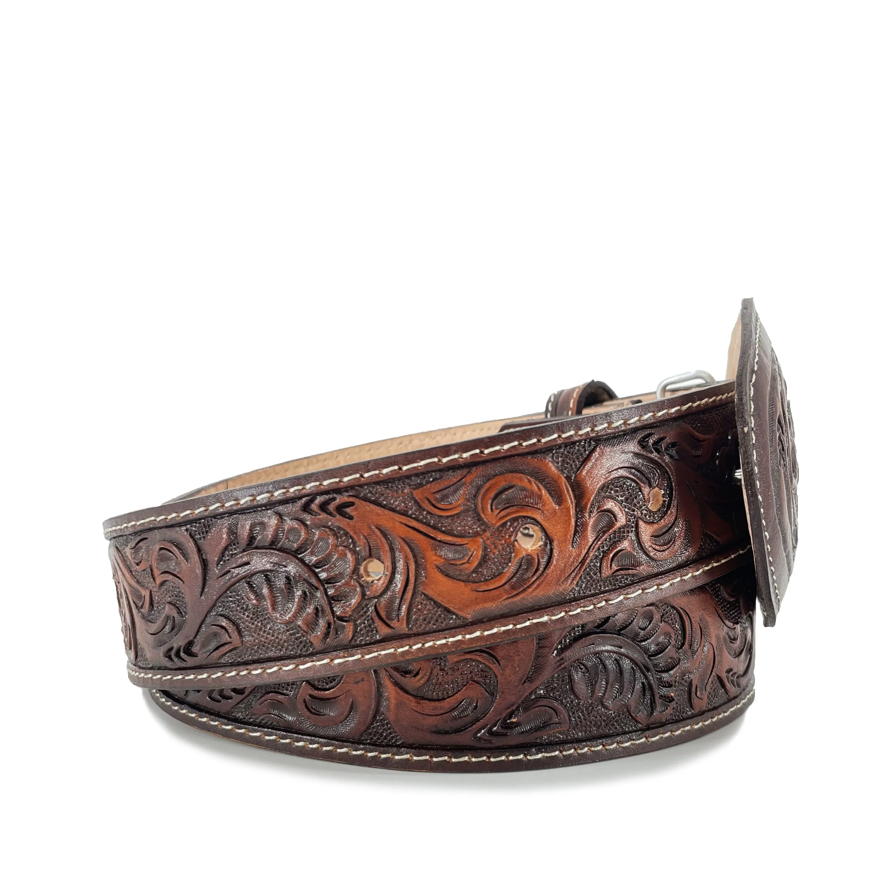 Men's Hand Tooled Belt - Old Leaf Cognac