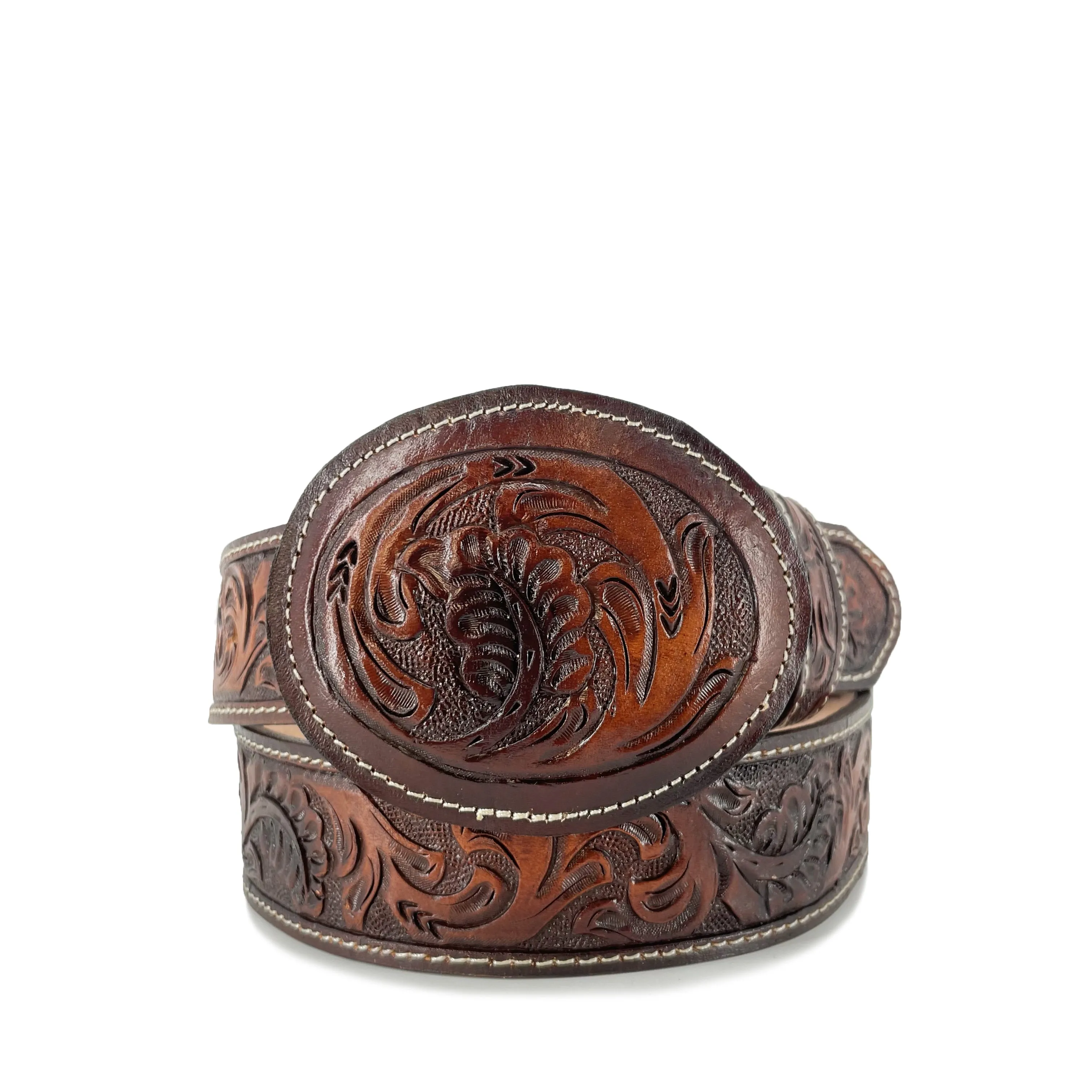 Men's Hand Tooled Belt - Old Leaf Cognac