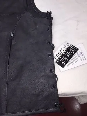 MEN'S LEATHER MOTORCYCLE CLUB VEST W/2 GUN POCKETS SIDE LACES GREAT PRICE