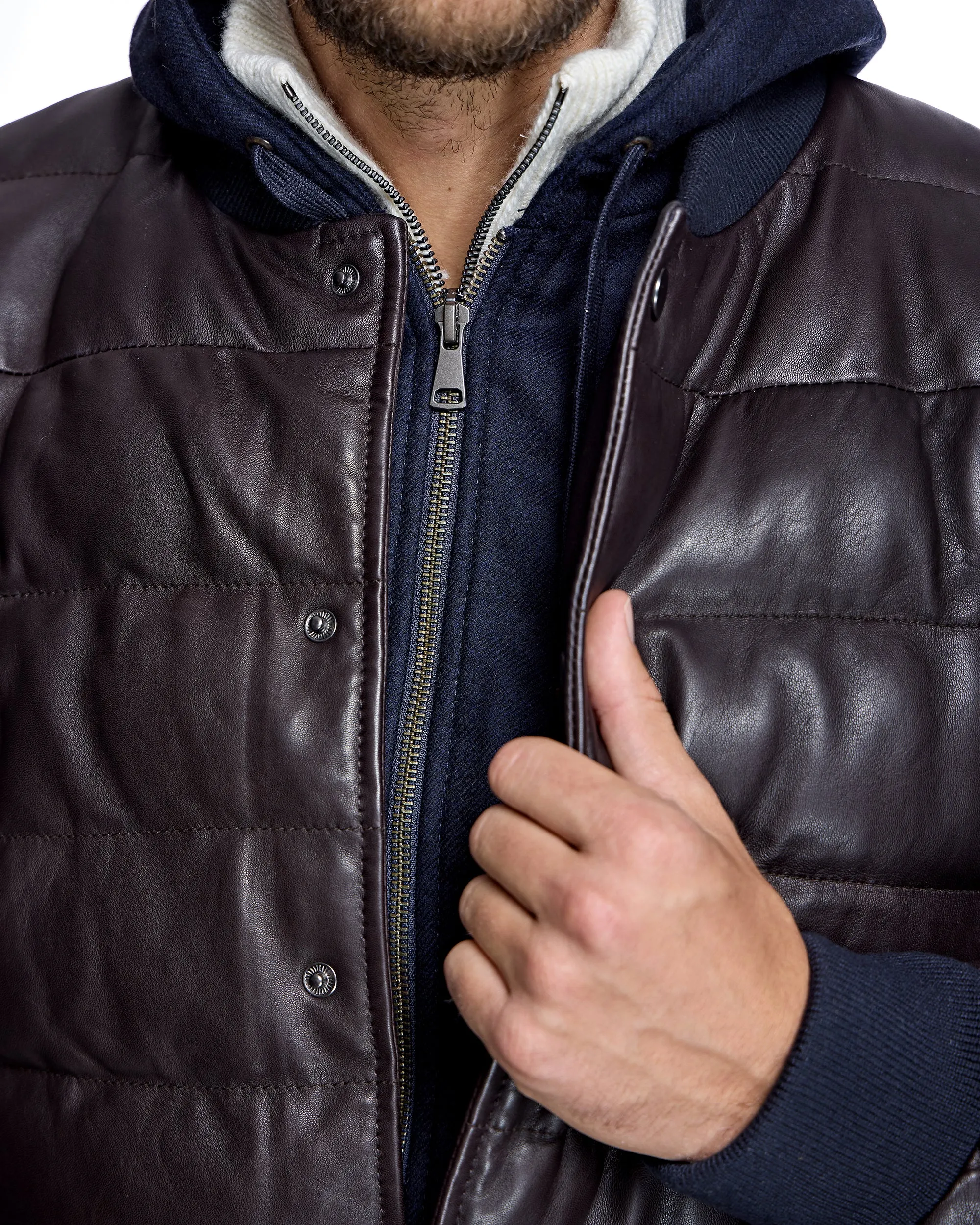 Men's Leather Puffer Jacket with Hood