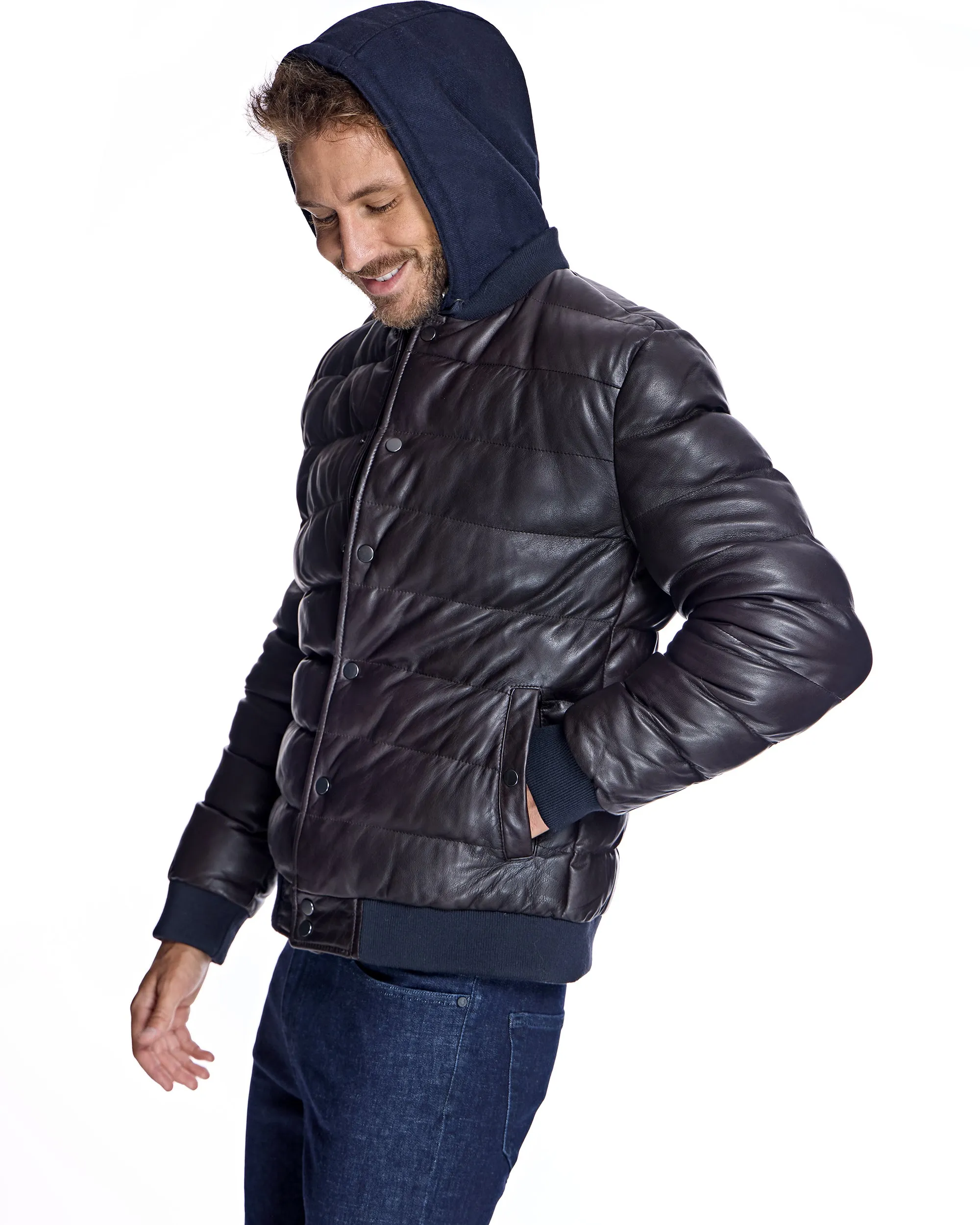 Men's Leather Puffer Jacket with Hood