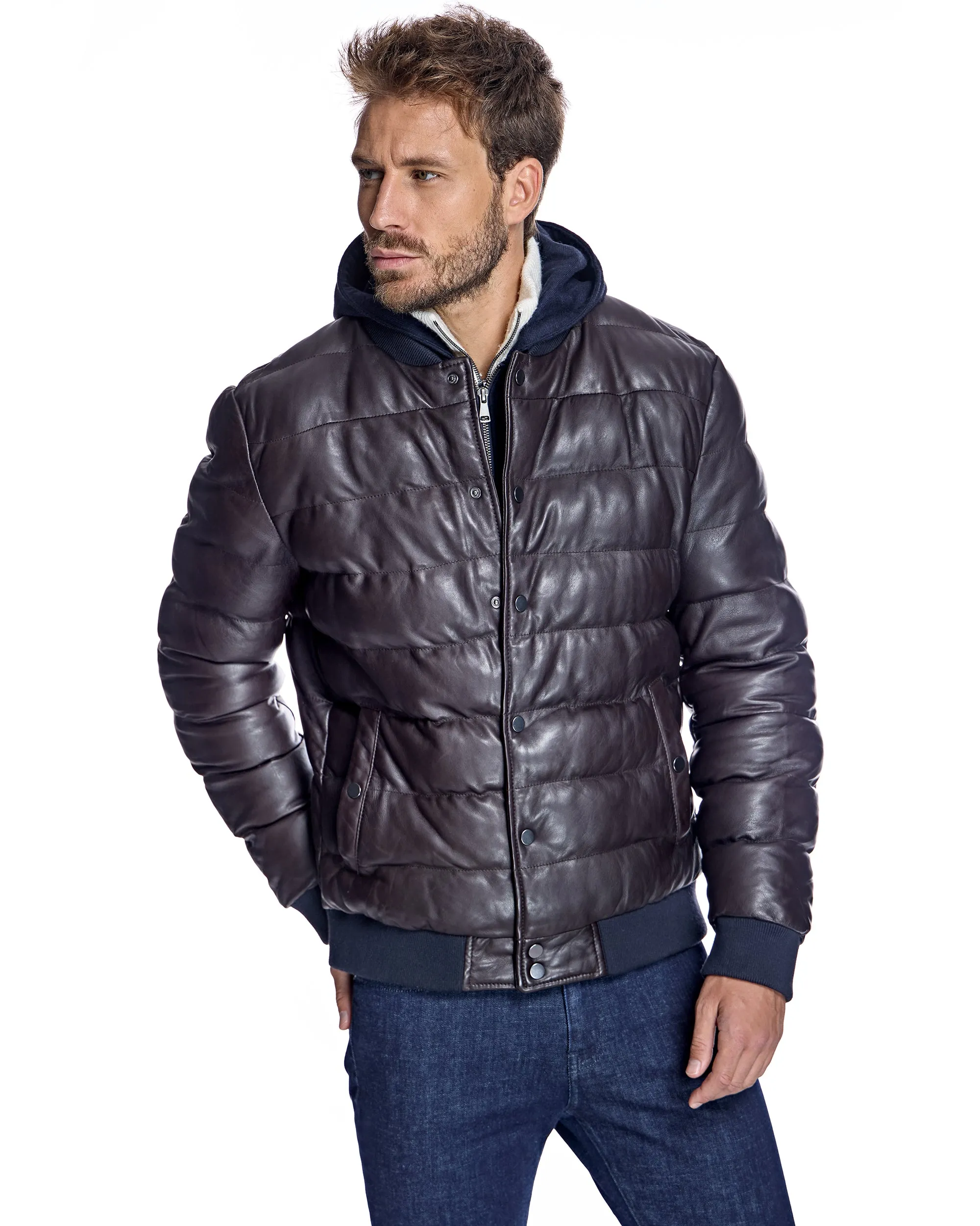 Men's Leather Puffer Jacket with Hood