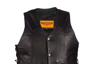 MEN'S MOTORBIKE BUTTER SOFT SIDE LACE BRAIDED LEATHER VEST & 2 GUN POCKETS