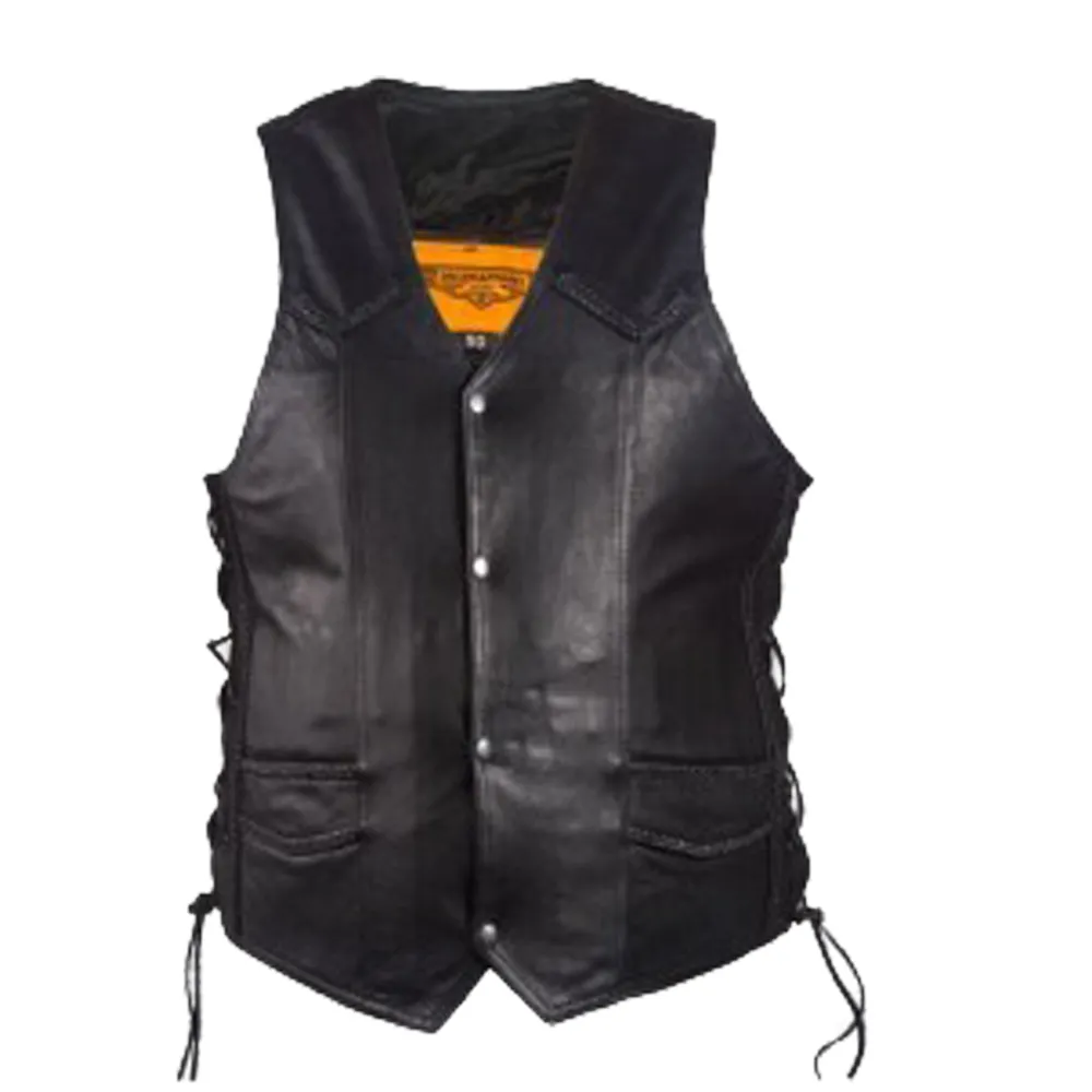 MEN'S MOTORBIKE BUTTER SOFT SIDE LACE BRAIDED LEATHER VEST & 2 GUN POCKETS